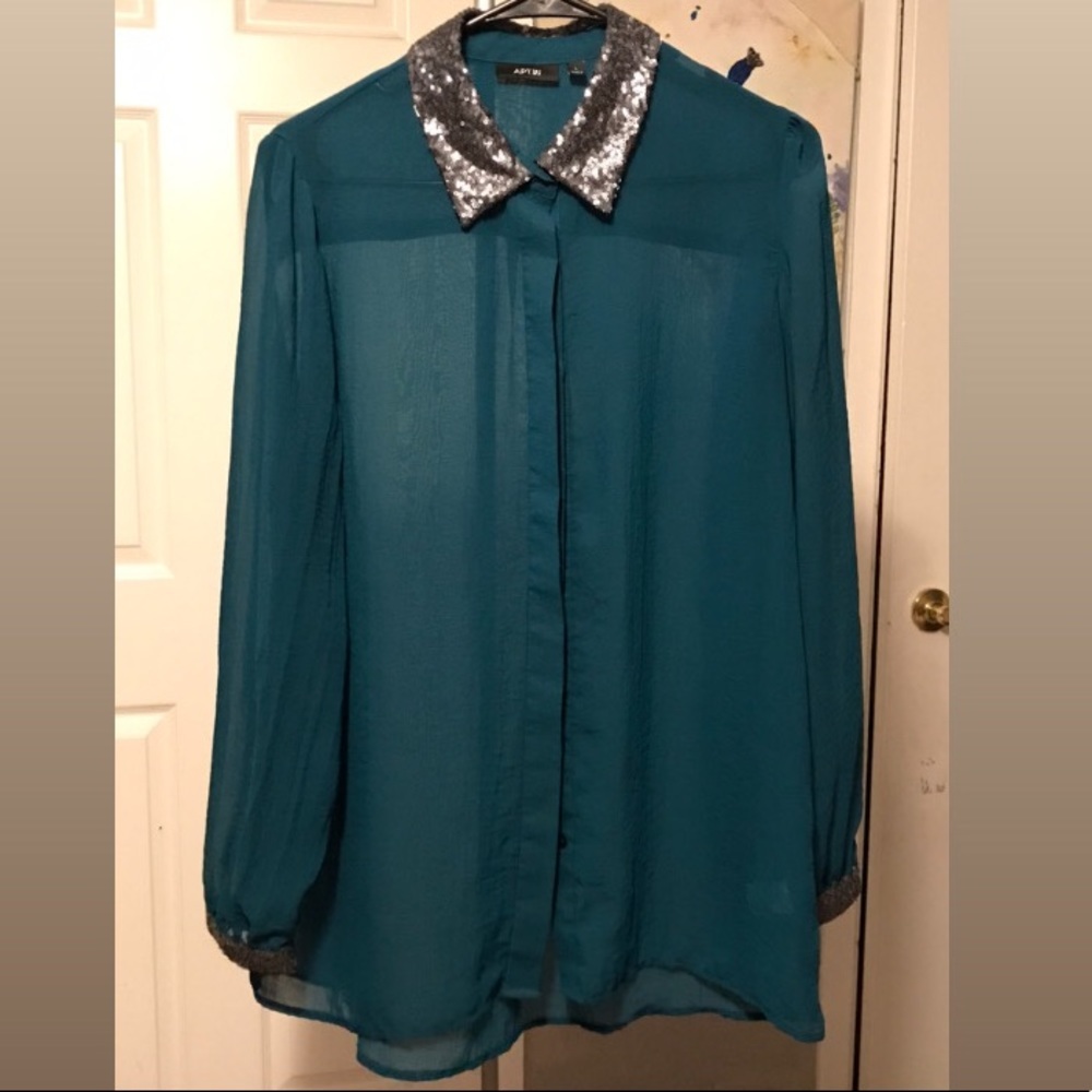 Apt 9 Turquoise Sheer Button-Down w/ Sequins